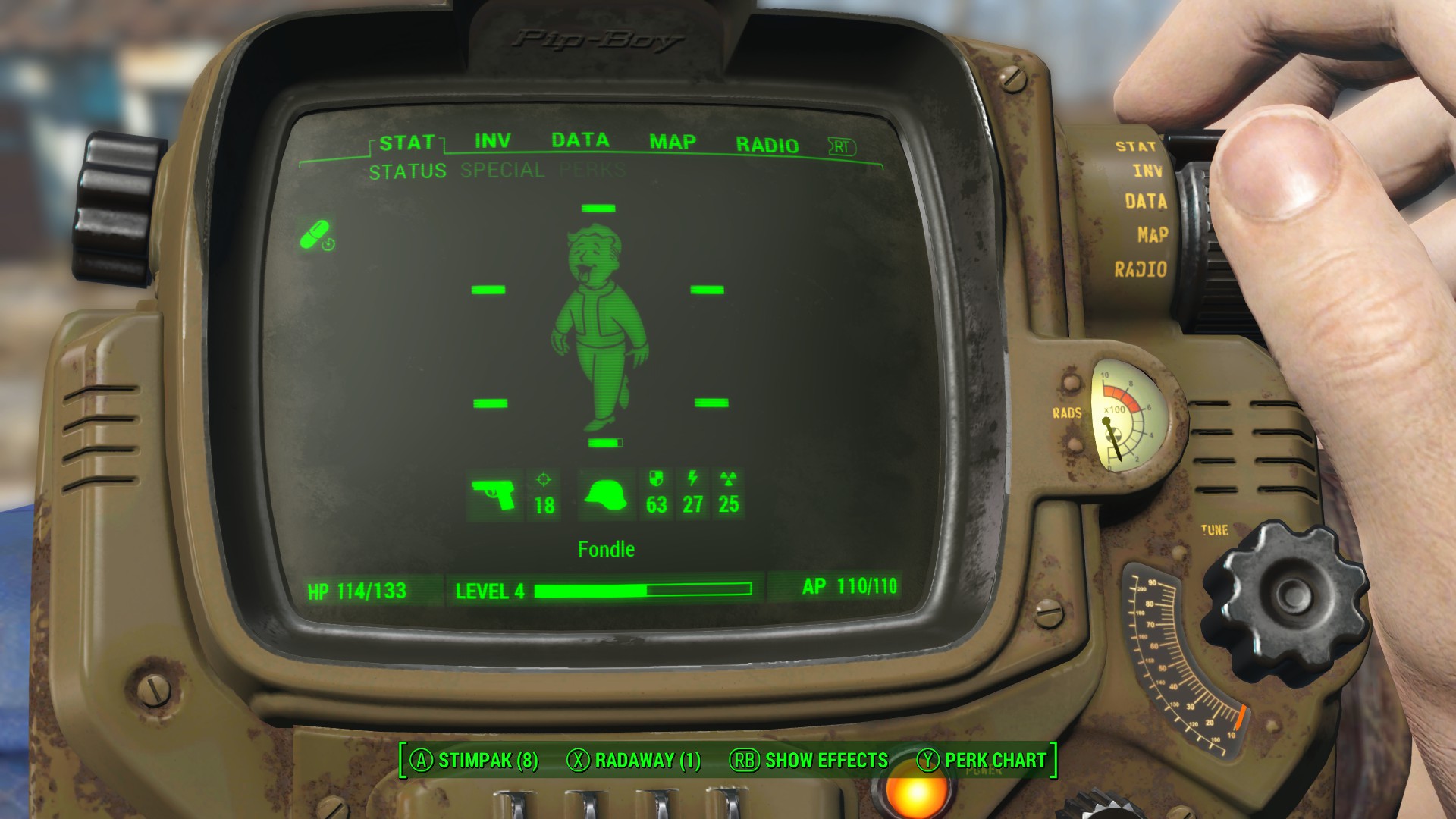 This is what Vault Boy looks like when he is high. Hit RB to see what he is high on!