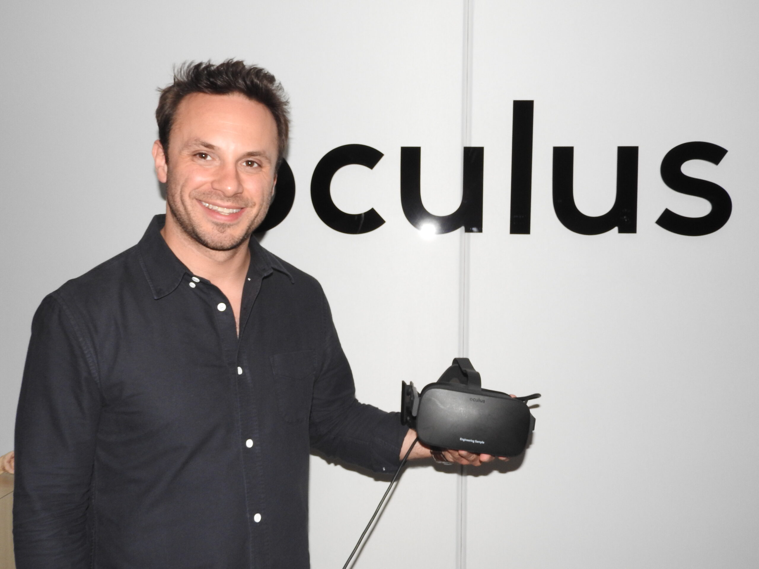Brendan Iribe showing off the Oculus Rift at E3 2015.
