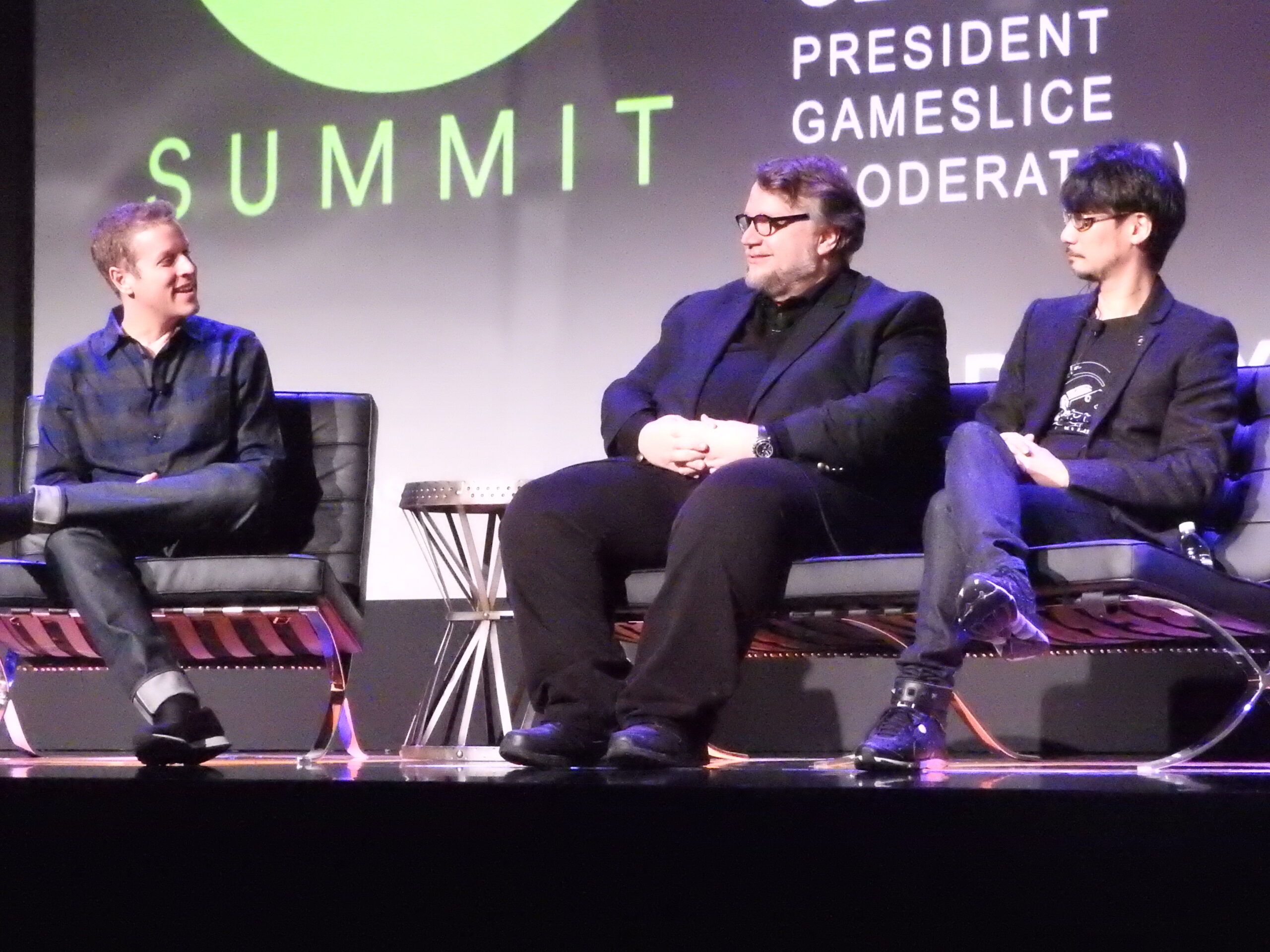 Geoff Keighley (left), Guillermo Del Toro, and HIdeo Kojima at the DICE Summit.