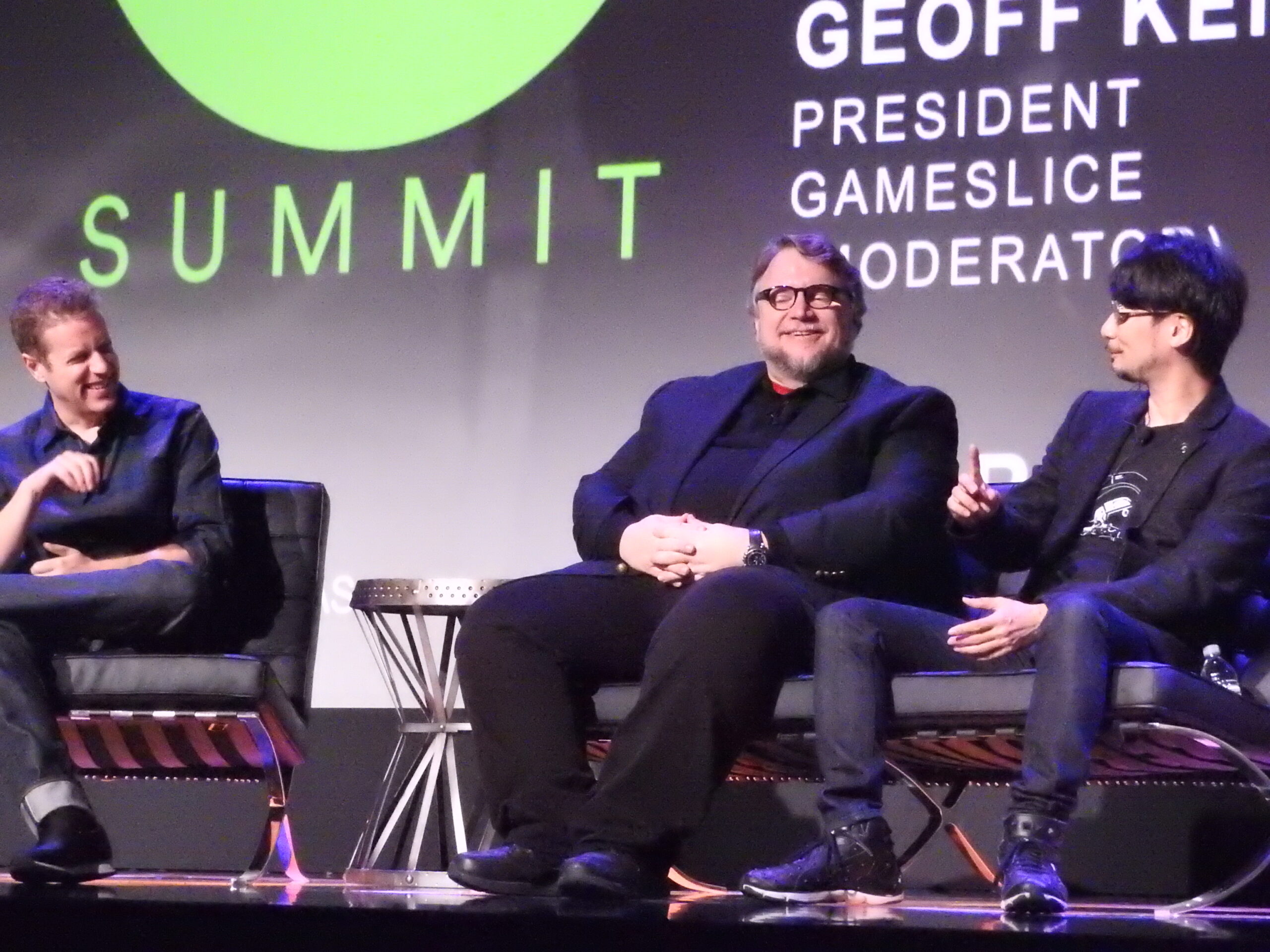 Geoff Keighley (left), Guillermo Del Toro, and HIdeo Kojima at the DICE Summit.