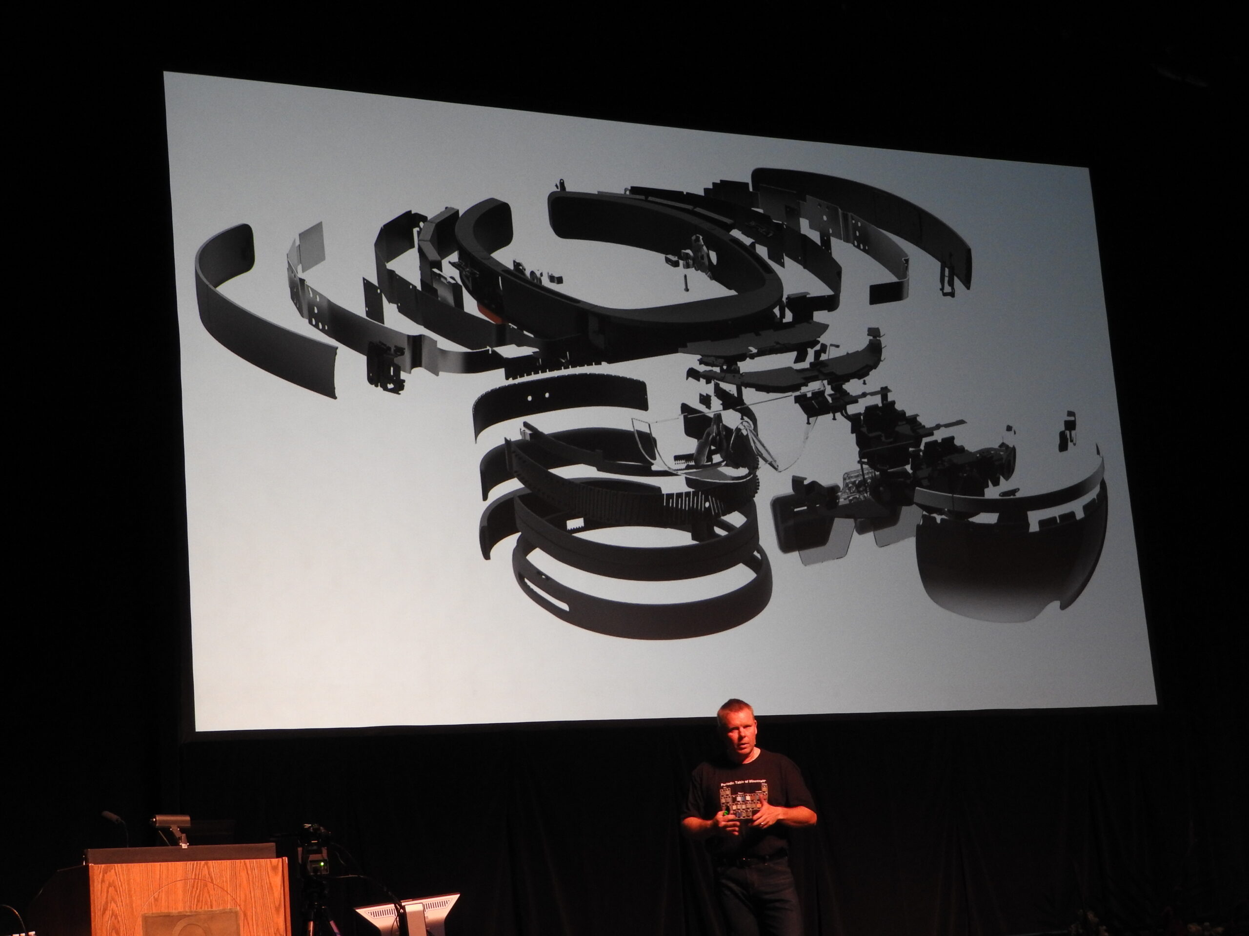 An exploded view of Microsoft's HoloLens holographic computer headset.