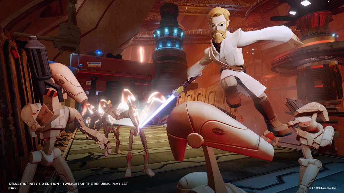Yes, you can actually cut droids in half with your lightsaber. Sadly, this doesn't work on Mickey Mouse.