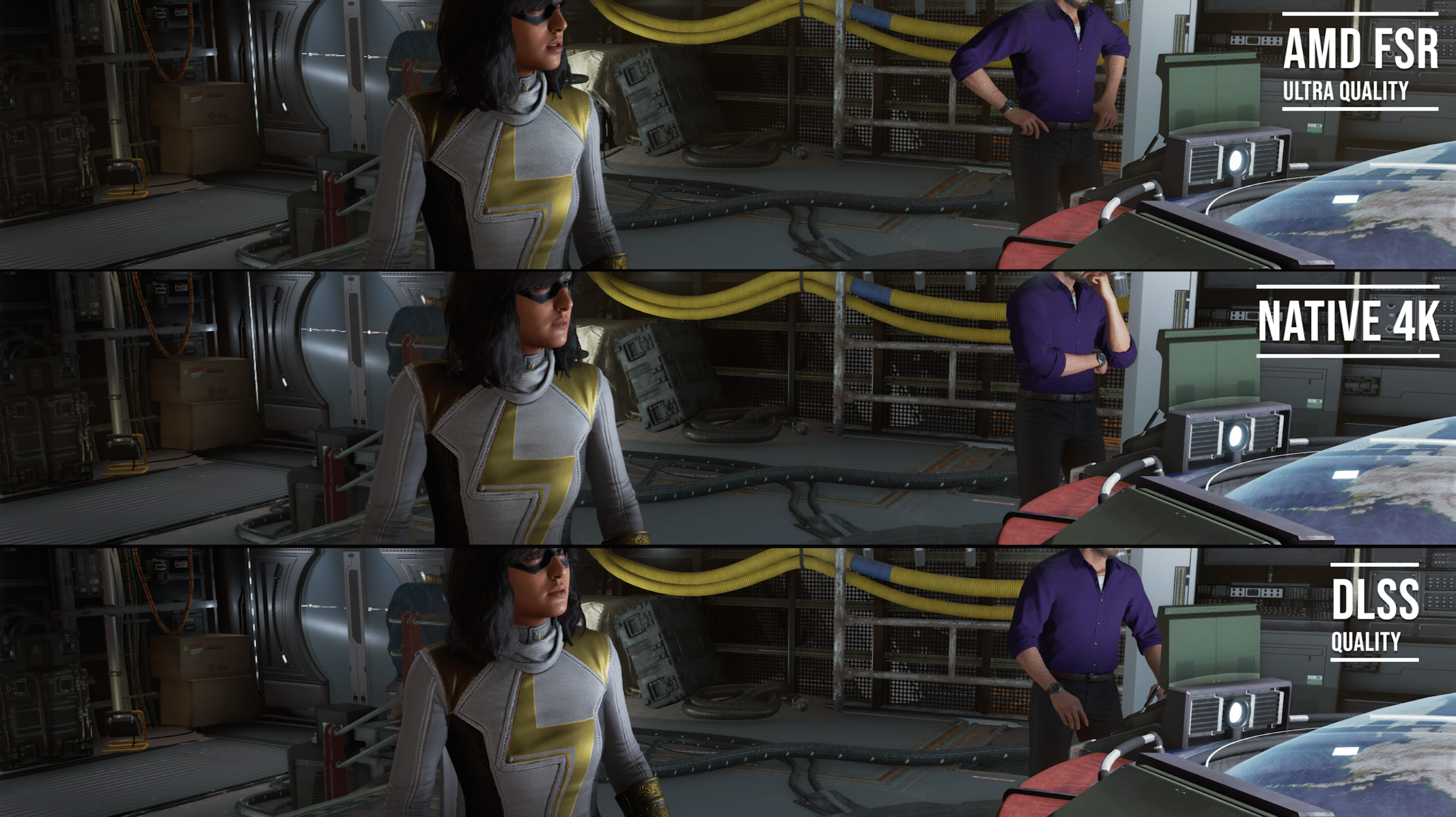 FSR Ultra Quality vs. native vs. DLSS Quality.