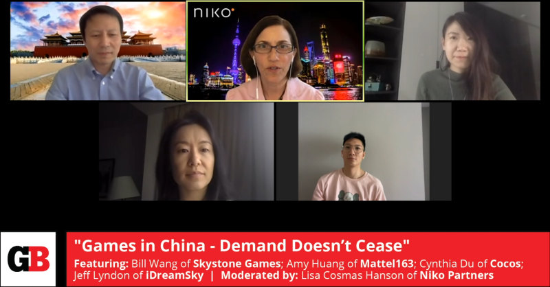 Lisa Hanson hosts the "Games in China: Demand Doesn’t Cease" panel at the GamesBeat Summit 2020 with Bill Wang of Skystone Games; Amy Huang of Mattel163; Cynthia Du of Cocos; Jeff Lyndon of iDreamSky.