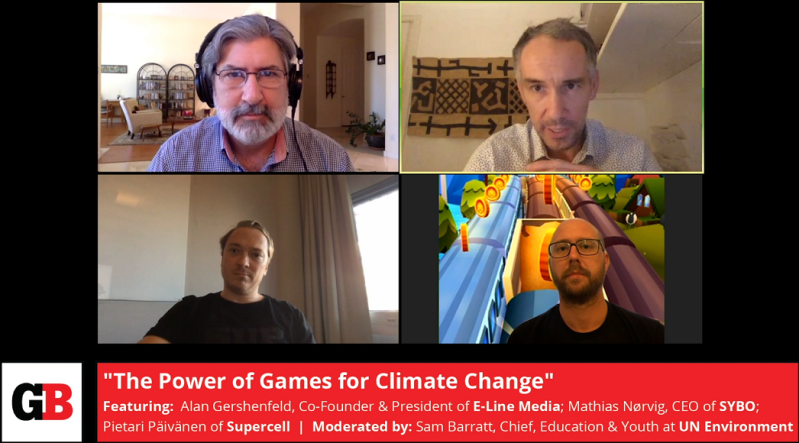 "The Power of Games for Climate Change" features Alan Gershenfeld of E-Line Media; Mathias Norvig of Sybo; Pietari Päivänen of Supercell; moderated by Sam Barratt of UN Environment.