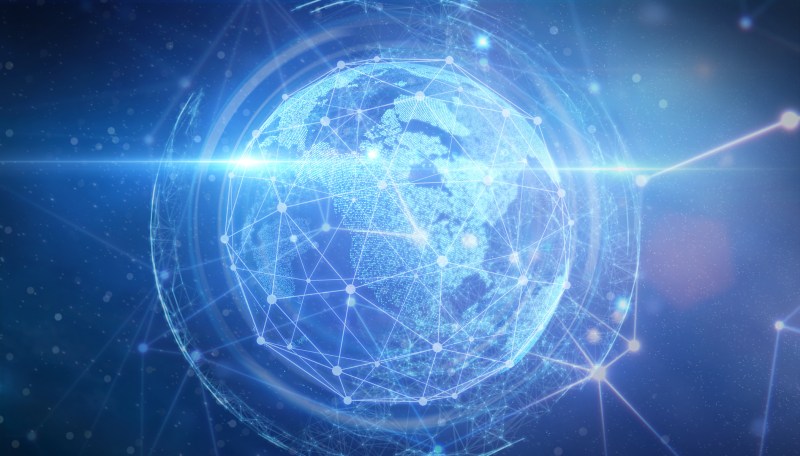 Dotted planet earth and network communications with technology circle element.