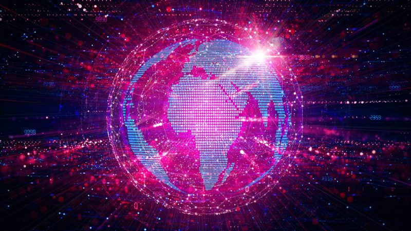 Digital globe surrounded by blockchains and decentralized Web3 code