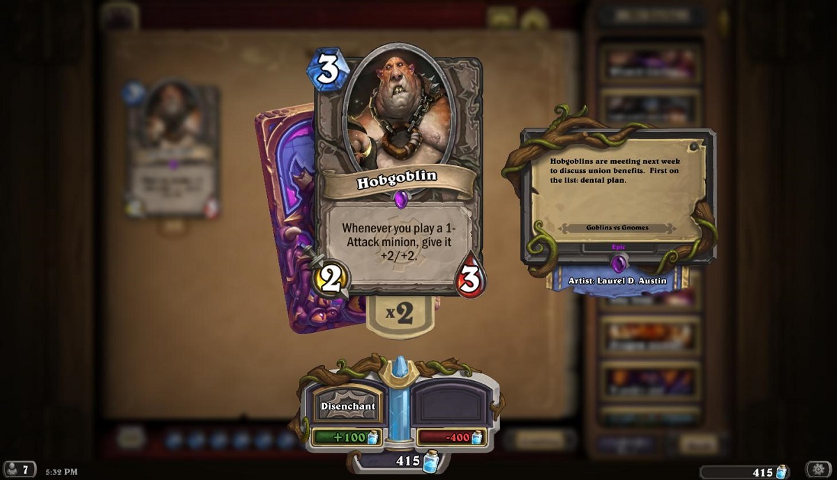 The Hobgoblin buffs cards with 1 attack in Hearthstone: Heroes of Warcraft,