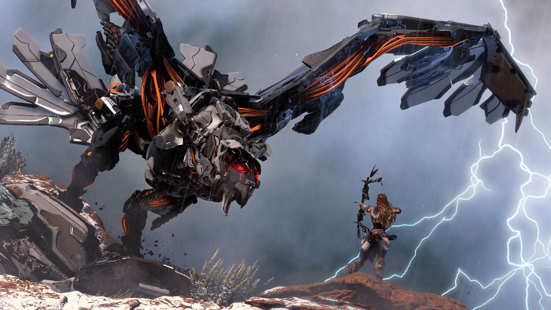 Aloy takes on a big mechanical dinosaur in Horizon: Zero Dawn.
