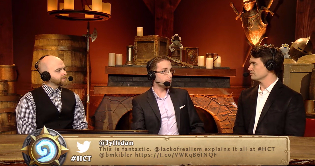 Hearthstone community manager Robert Wing (left), Kevin Hovdestaad (center), and pro Brian Kibler cast a match.