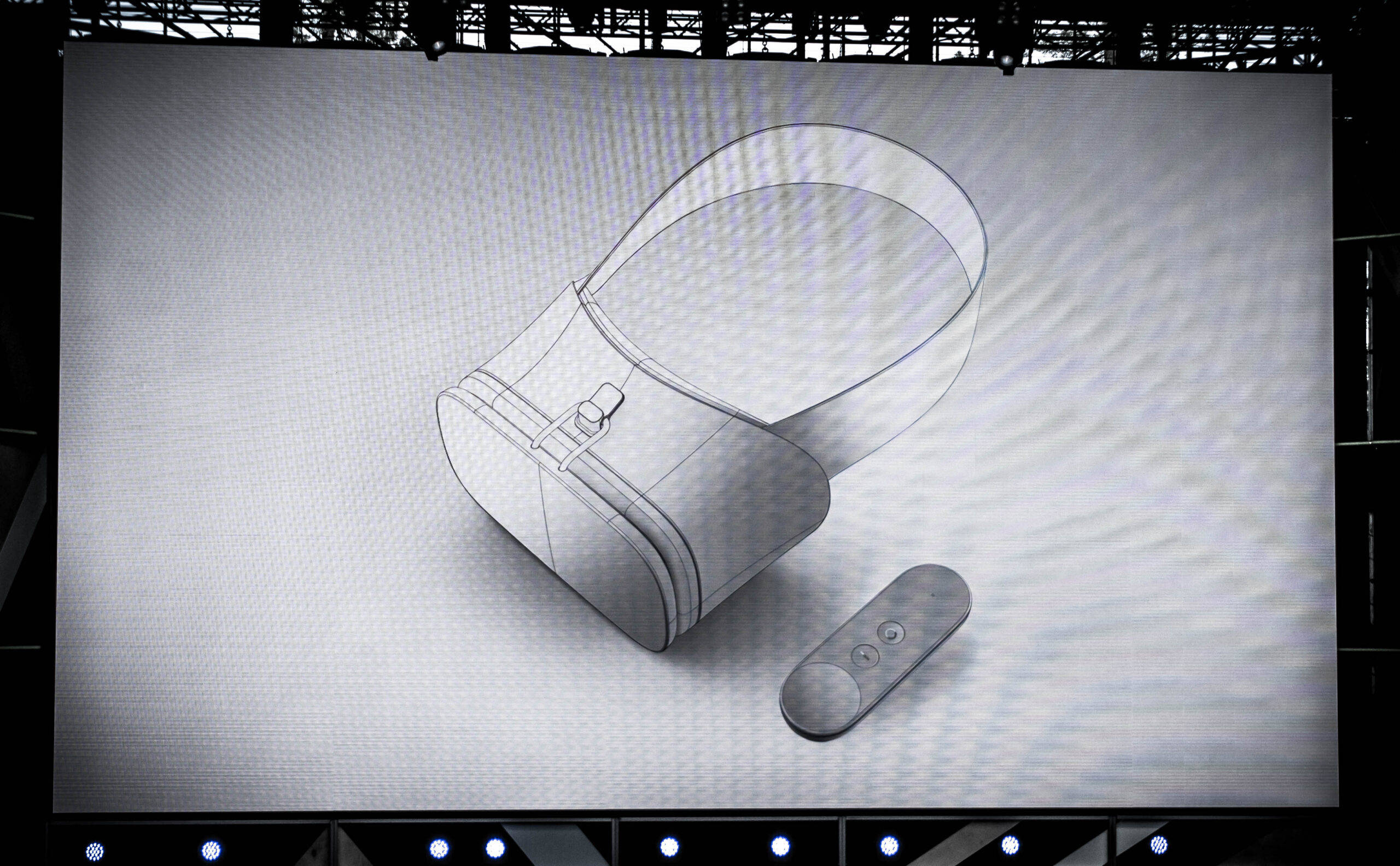 An illustration of a virtual reality headset produced on Google's Daydream platform shown on stage at the company's I/O developer conference on May 18, 2016 in Mountain View, Calif.