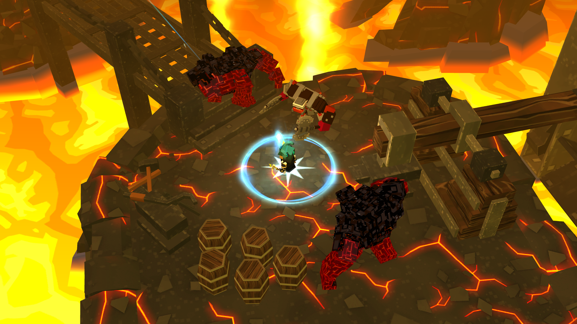 A hero takes on big, blocky monsters in Legacy Quest.