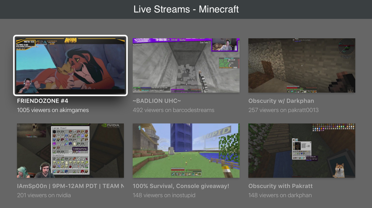 Minecraft streams available on Twitch for Apple TV, as shown in Xcode's Apple TV simulator.
