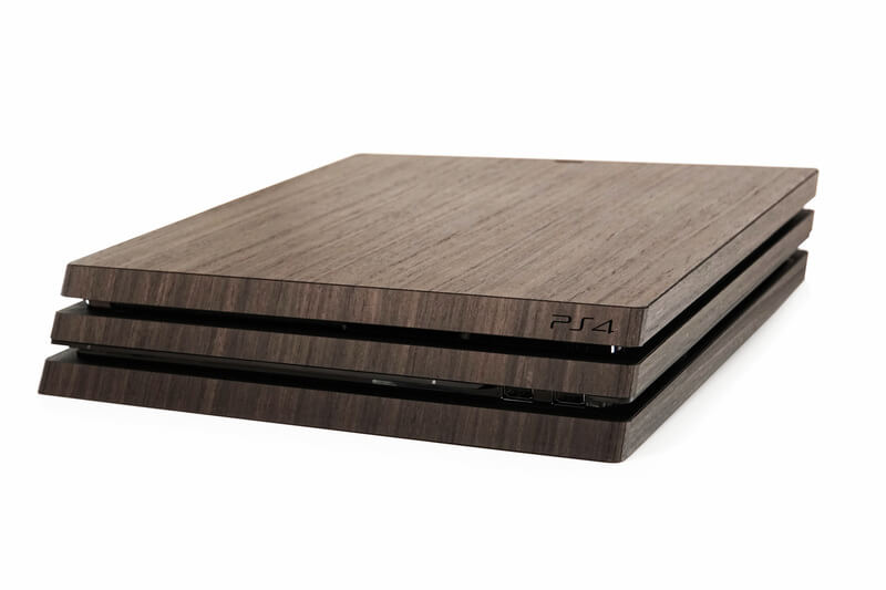 The PlayStation 4 Pro rocking some dark wood.