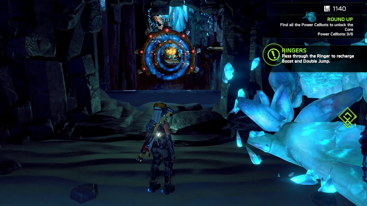 ReCore's challenges include dashing and double jumping through these double rings.