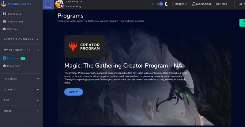 Wizards of the Coast is using StreamElements' Creator Activation Program.