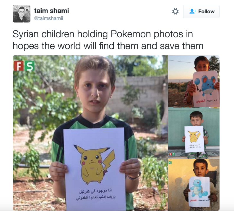 Syrian children holding Pokemon photos