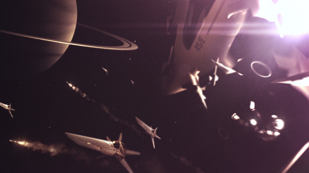 A group of fighters assemble near a ringed planet.