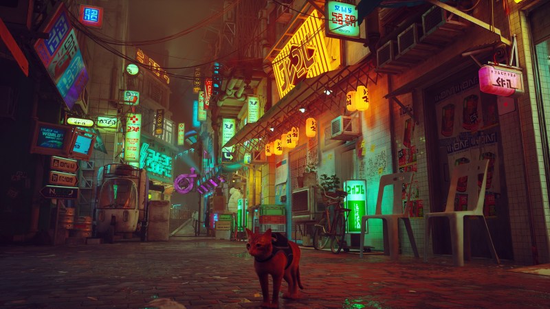Stray's Cat roams a beautiful cyberpunk city.