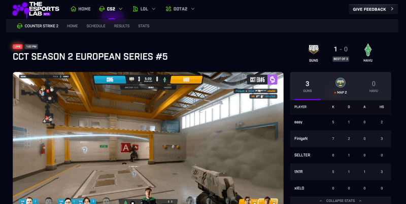 PrizePicks' The Esports Lab includes embedded Twitch streams and live stats.