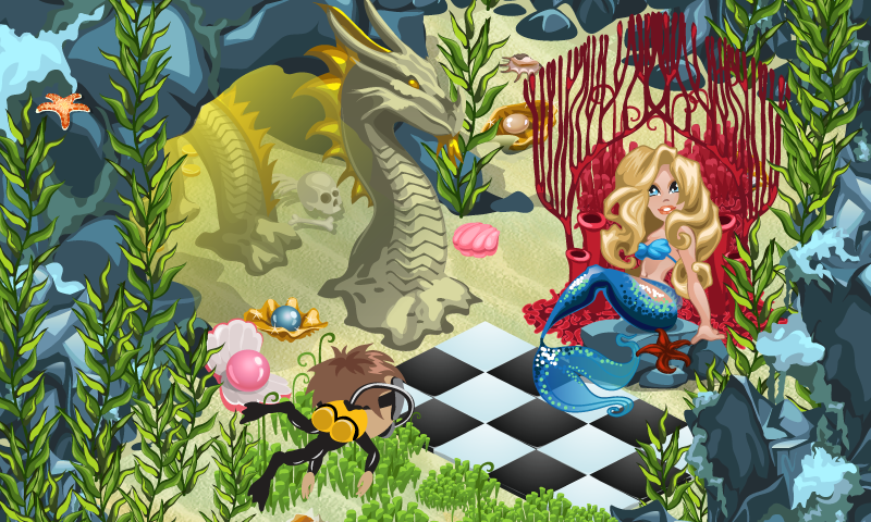 To speak to the mermaid, first clear fifteen seaweed patches and complete nine coral item collections.