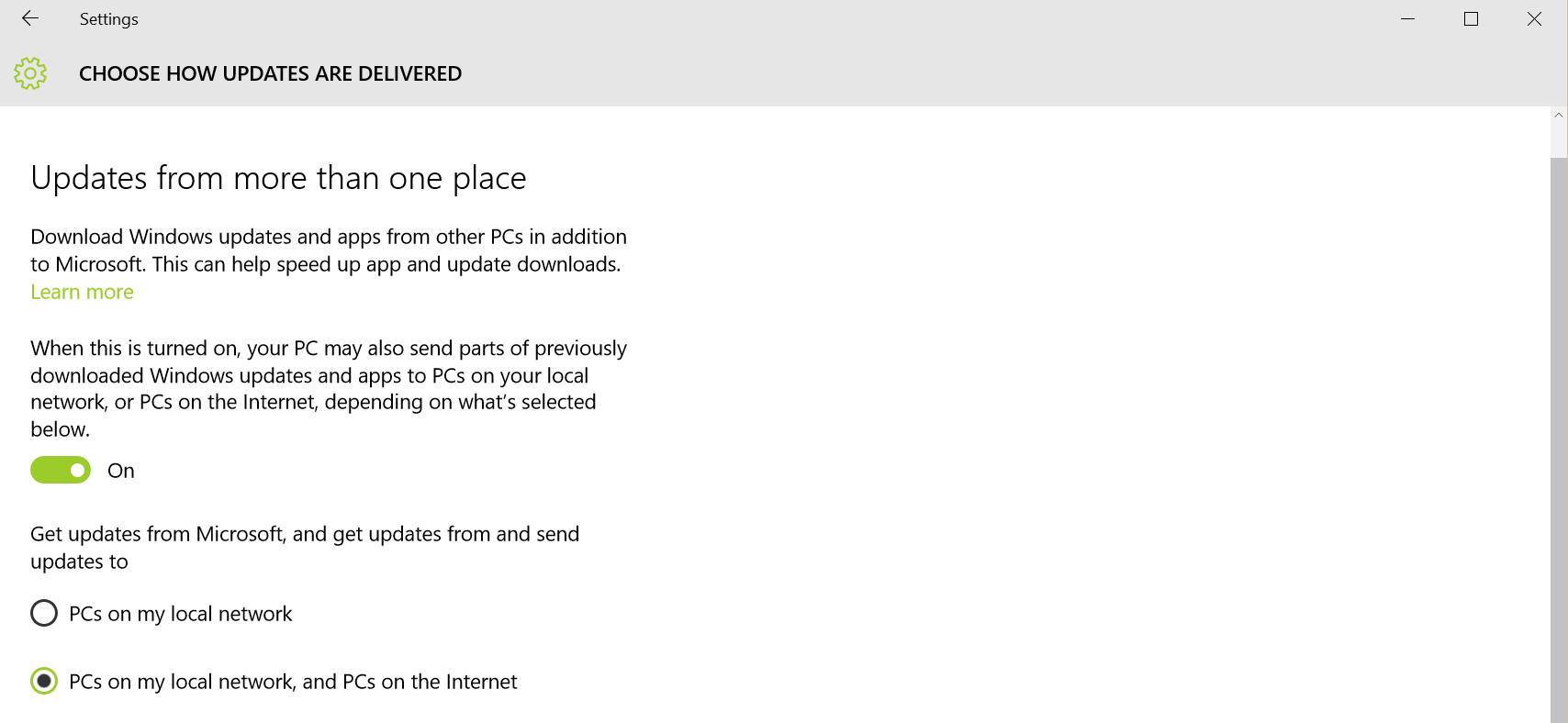 If you leave Windows 10 set like this, it will share update files with other users over your Internet.