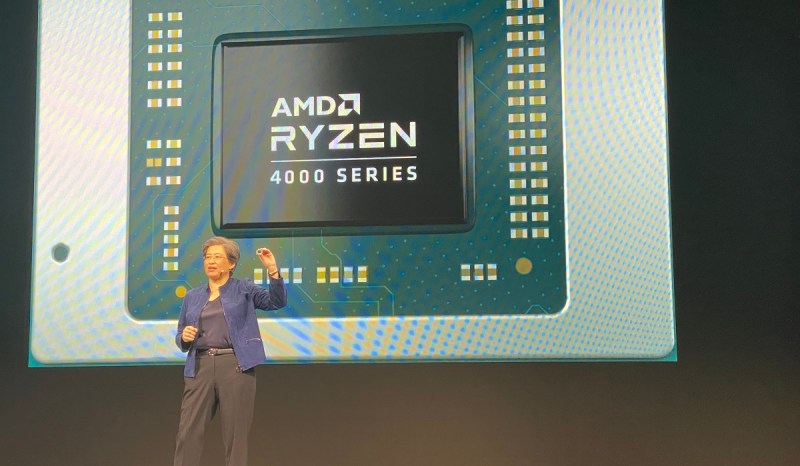 AMD CEO Lisa Su shows off a Ryzen 4000 laptop processor.
