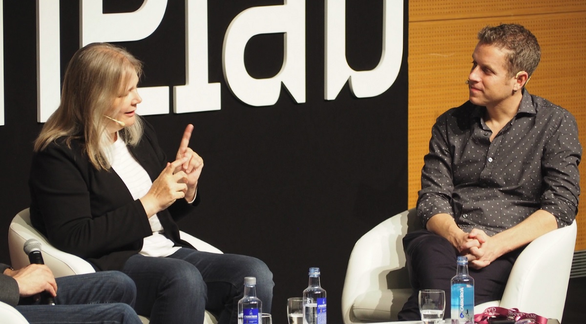Amy Hennig and Geoff Keighley at Gamelab 2018.