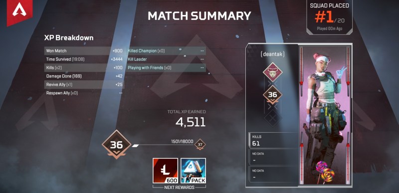Proof that Dean Takahashi won an Apex Legends game.