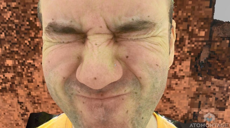 A face rendered with voxels.