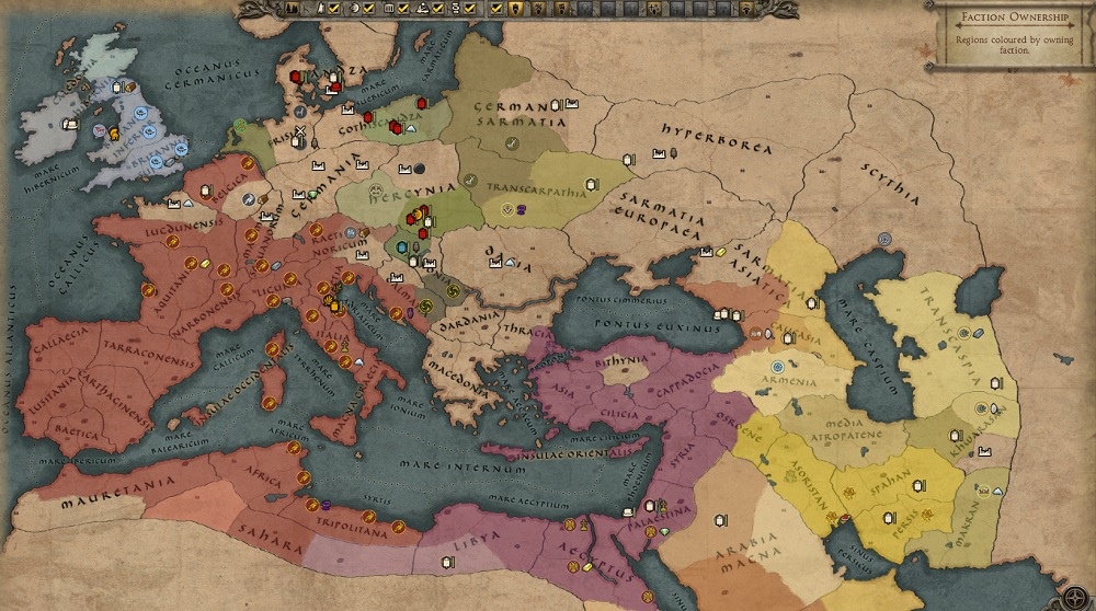 Total War: Attila. The overhead map of the empire in 395 AD.