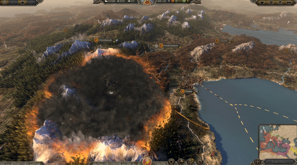 Total War: Attila. The campaign map burns when you raze a city.