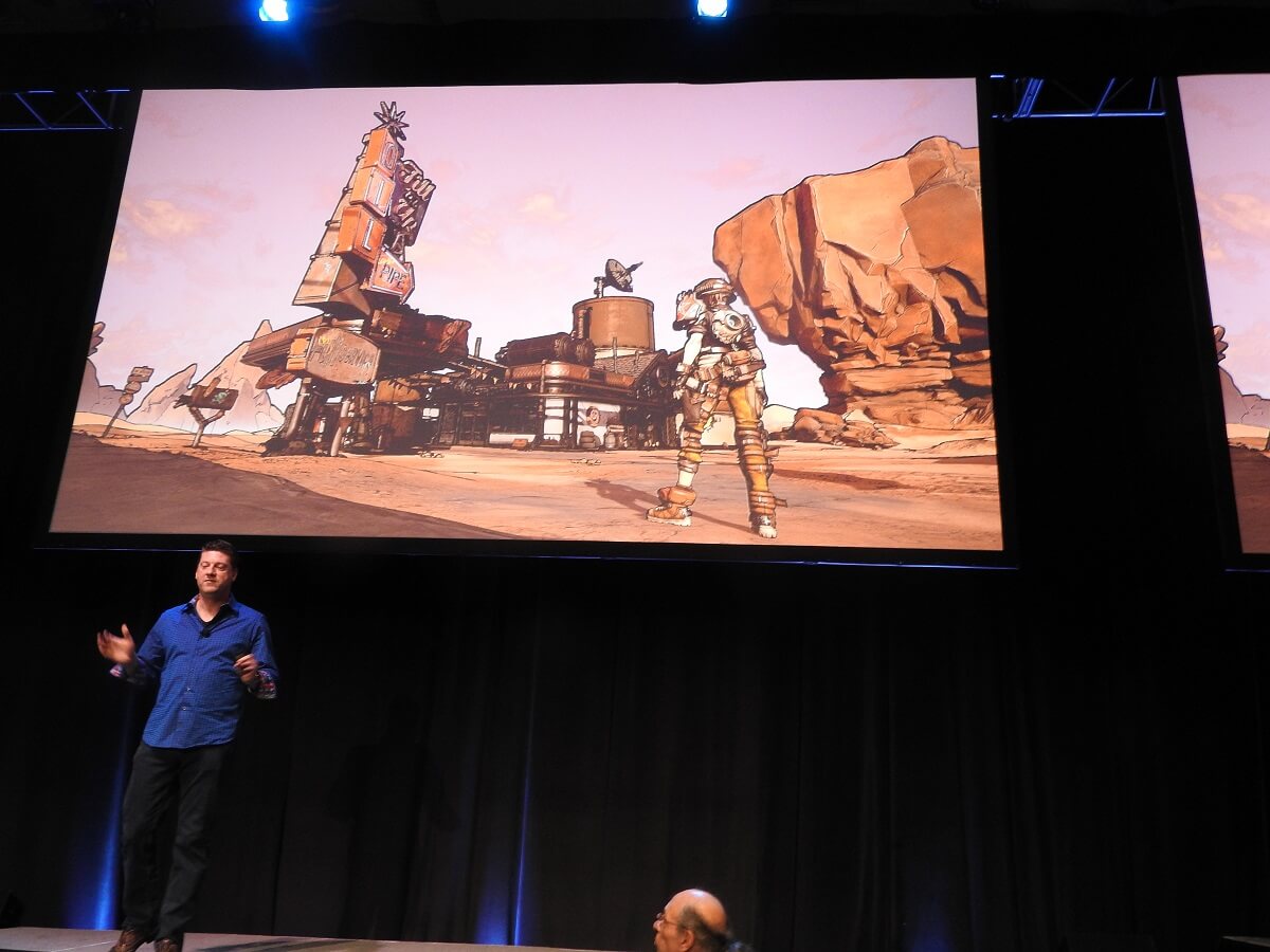 Randy Pitchford shows a tech demo of a Borderlands style environment.