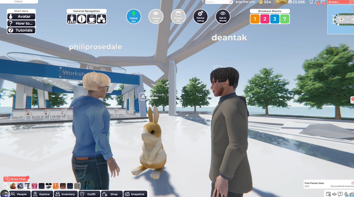 Philip Rosedale, Adam Frisby (the bunny), and Dean Takahashi (right) talk in Breakroom.
