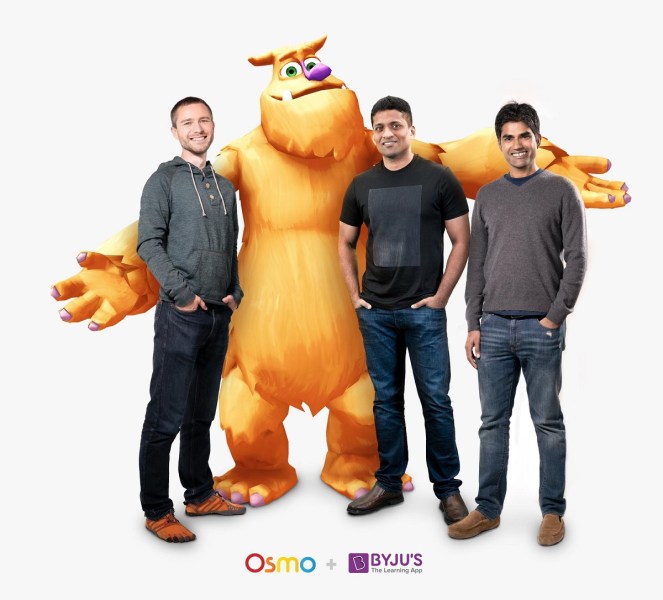Osmo CTO Jeremo (left), Byju CEO Byju Raveedran, and Osmo CEO Pramod Sharma.