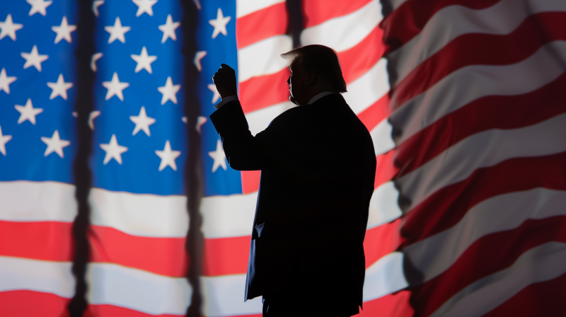 AI illustration depicting silhouette resembling Donald Trump standing in front of U.S. flag.