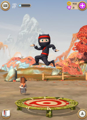 Clumsy Ninja bounces on a trampoline.
