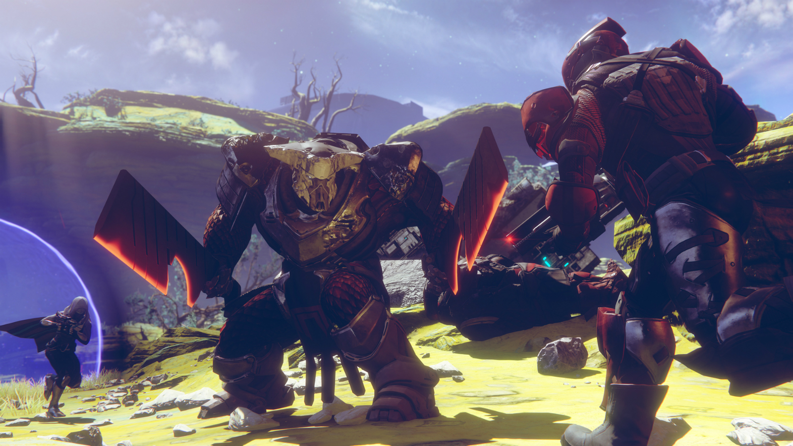 Screenshot of a hulking alien wearing ornate body armor and wielding two axes with glowing orange edges.