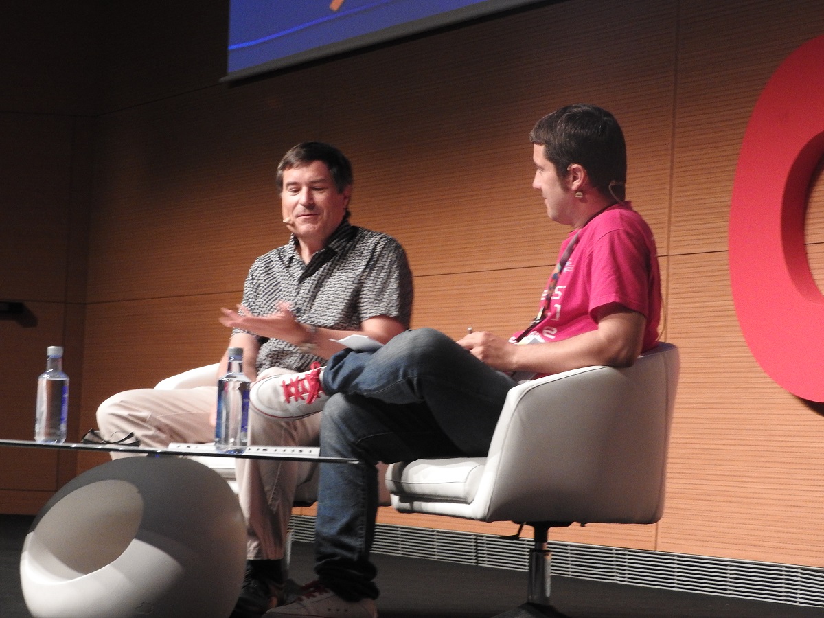 David Braben of Frontier on stage with Oscar Gardia at Gamelab.