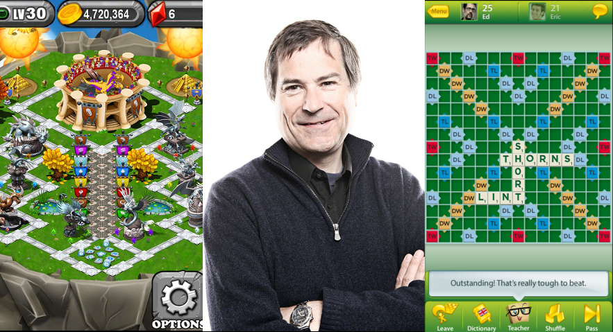 David Braben with his two mobile addictions, DragonVale and Scrabble.
