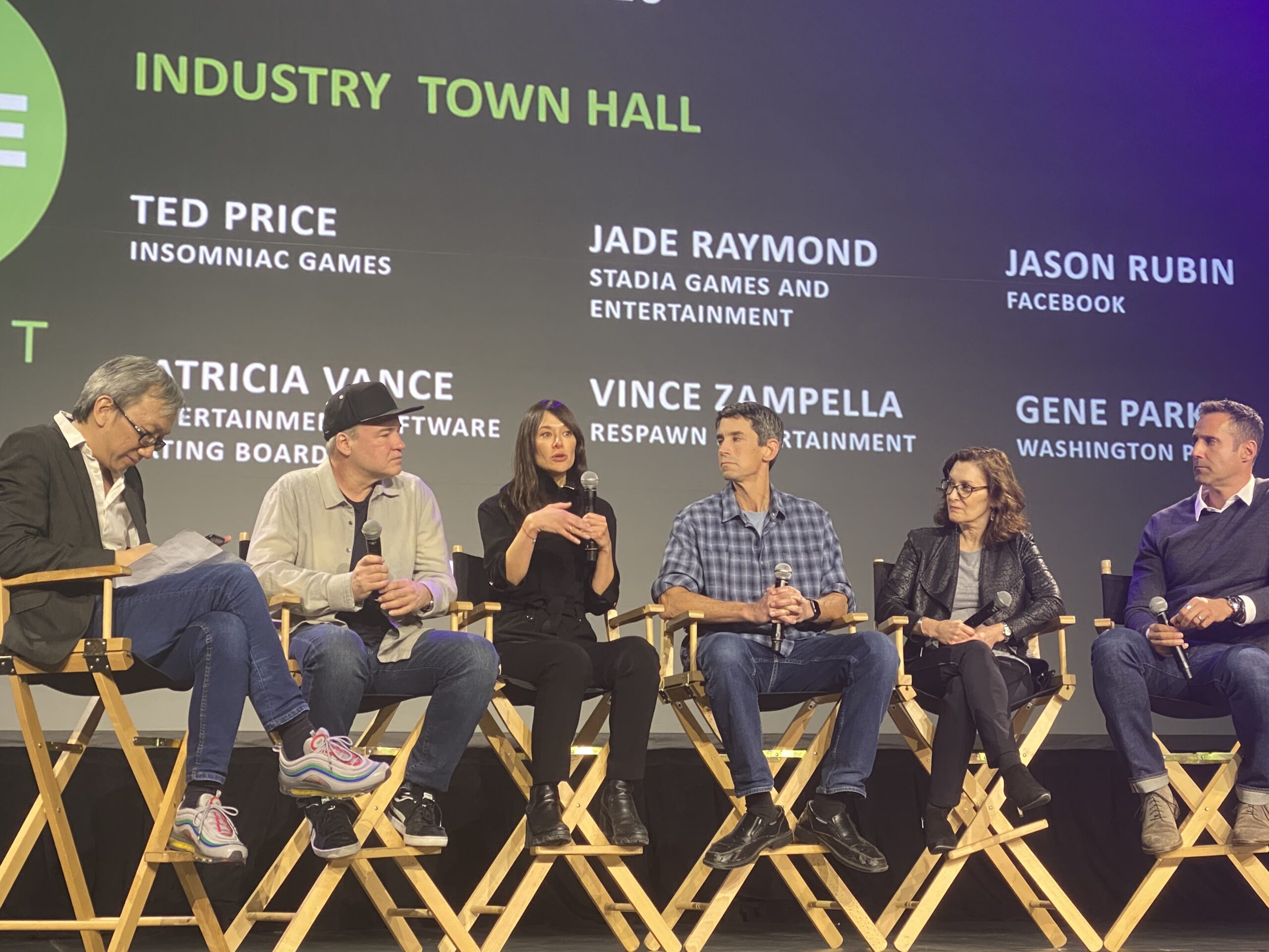 Leaders of gaming at Dice Summit. Jade Raymond of Google is speaking, and Jason Rubin of Facebook is on the far right.