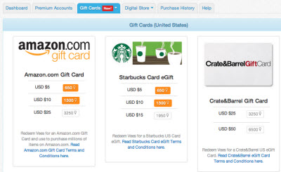 Empire Avenue gift cards you can buy with Vees