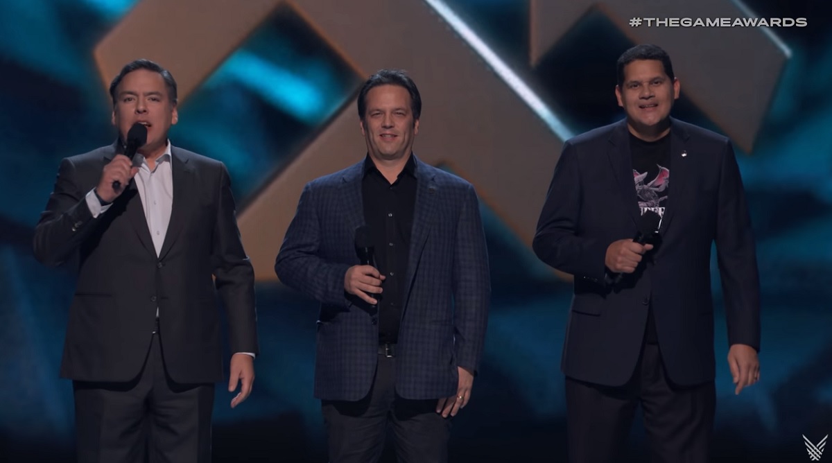 Shawn Layden (left) of Sony, Phil Spencer of Xbox, and Reggie Fils-Aime