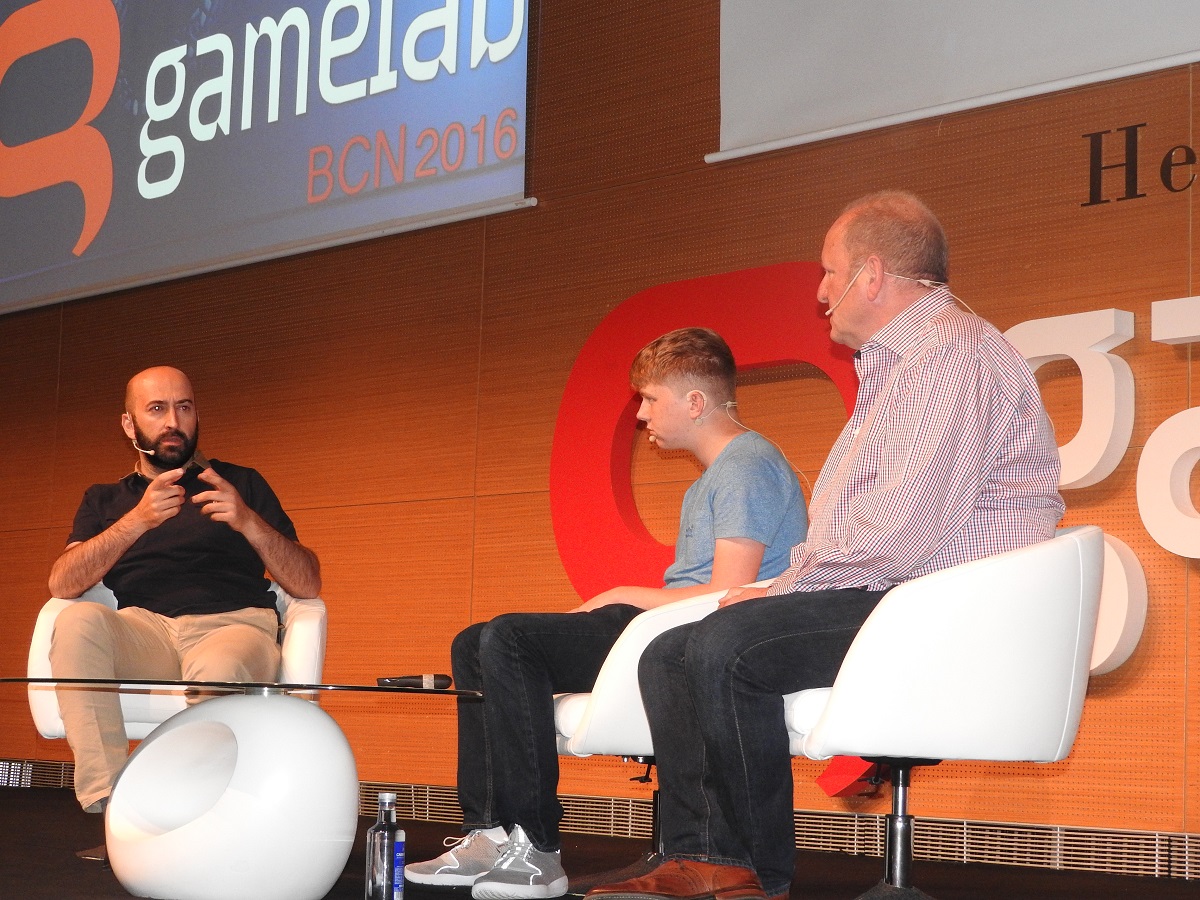 Ivan Fernandez Lobo (left) interviews Jordan Casey and Ian LIvingstone at Gamelab.