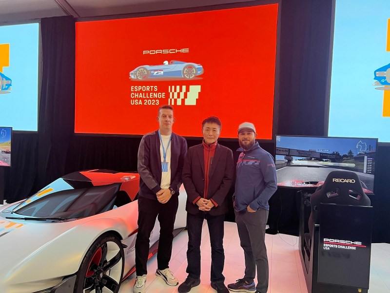 Deniz Keskin of Porsche esports, Kazunori Yamauchi of Polyphony Digital.