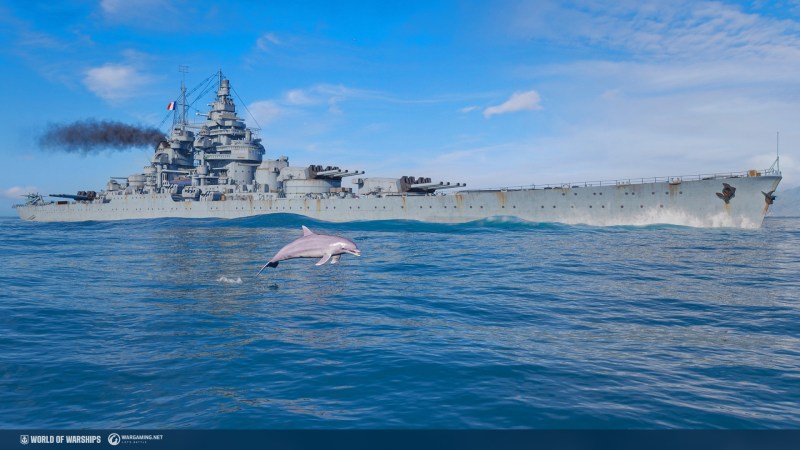 A dolphin and a ship in World of Warships.