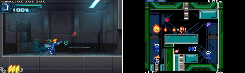 On the left is Azure Striker Gunvolt and on the right is its demake, Mighty Gunvolt.