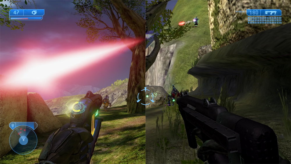 A side-by-side comparison of the remastered visuals in Halo 2: Anniversary.