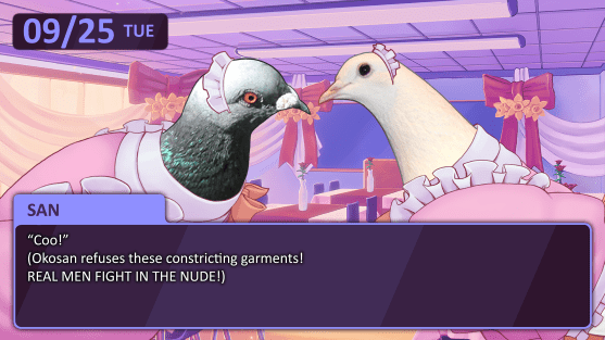 Cross-dressing is a more common occurrence than you would think in a pigeon dating-sim.