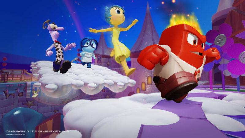 Fear, Sadness, Joy, and Anger run across clouds in the Inside Out play set for Disney Infinity.